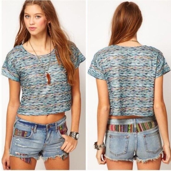 Free People Rainbow Wave Boxy Crop Top Small Blue Colorful Shirt Small S - Picture 11 of 12